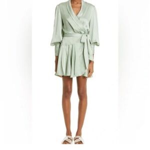 Zimmermann Long Sleeve Silk Wrap Green Mini Dress